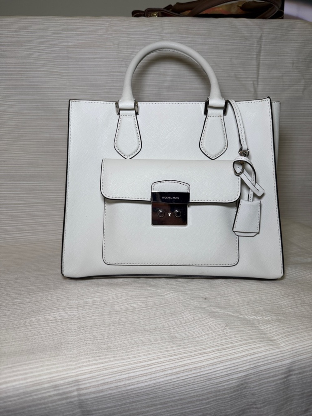 Michael Kors White Saffiano Leather Satchel with Front Pocket